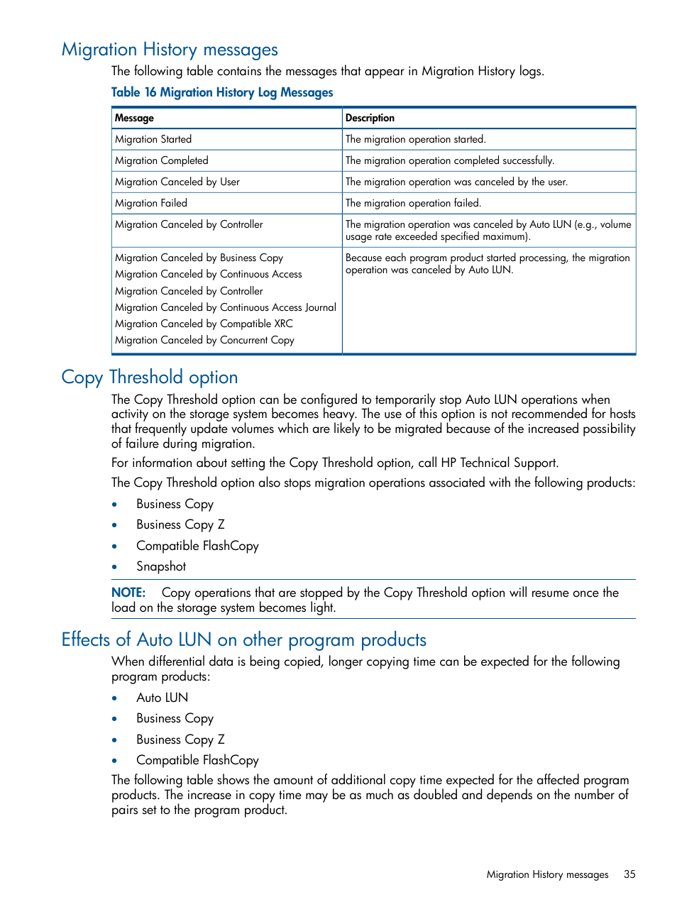 Migration history messages, Copy threshold option, Effects of auto lun on other program products | HP XP P9500 Storage User Manual | Page 35 / 69