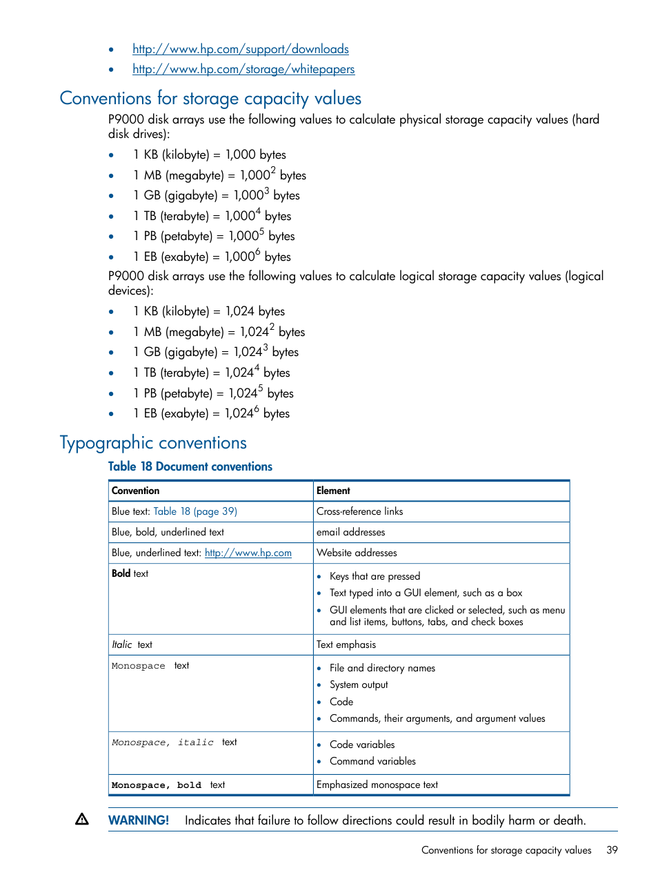 Conventions for storage capacity values, Typographic conventions | HP XP P9500 Storage User Manual | Page 39 / 69