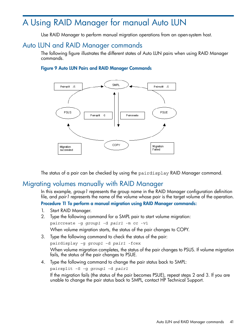 A using raid manager for manual auto lun, Auto lun and raid manager commands, Migrating volumes manually with raid manager | HP XP P9500 Storage User Manual | Page 41 / 69