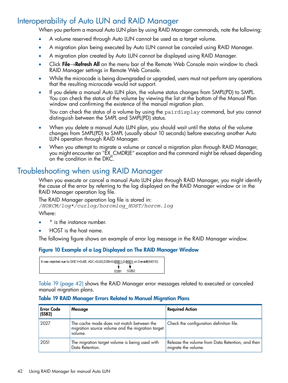 Interoperability of auto lun and raid manager, Troubleshooting when using raid manager | HP XP P9500 Storage User Manual | Page 42 / 69