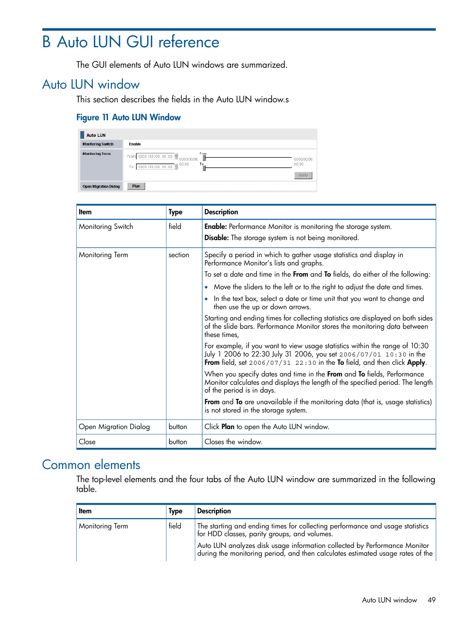 B auto lun gui reference, Auto lun window, Common elements | Auto lun window common elements | HP XP P9500 Storage User Manual | Page 49 / 69