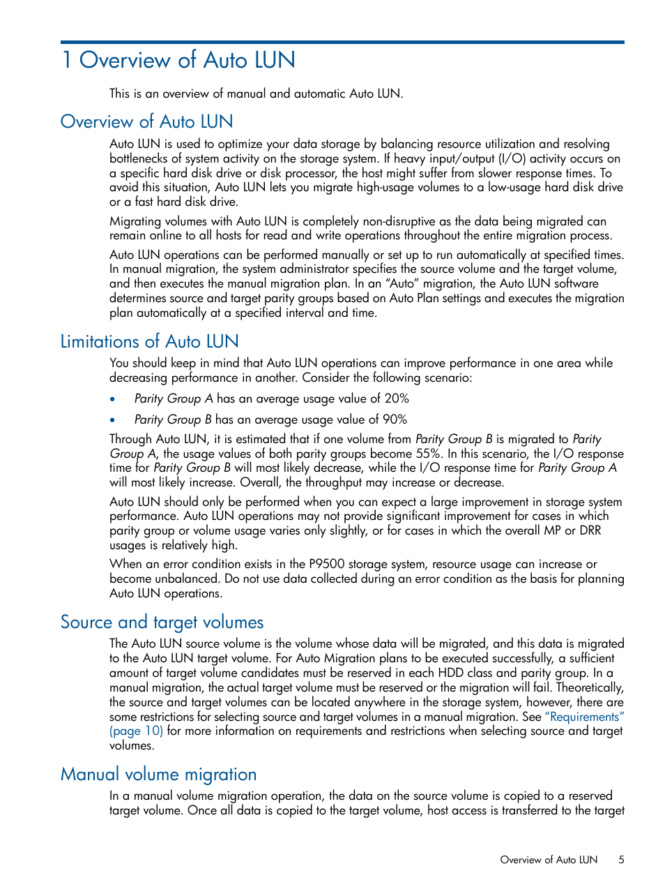 1 overview of auto lun, Overview of auto lun, Limitations of auto lun | Source and target volumes, Manual volume migration | HP XP P9500 Storage User Manual | Page 5 / 69