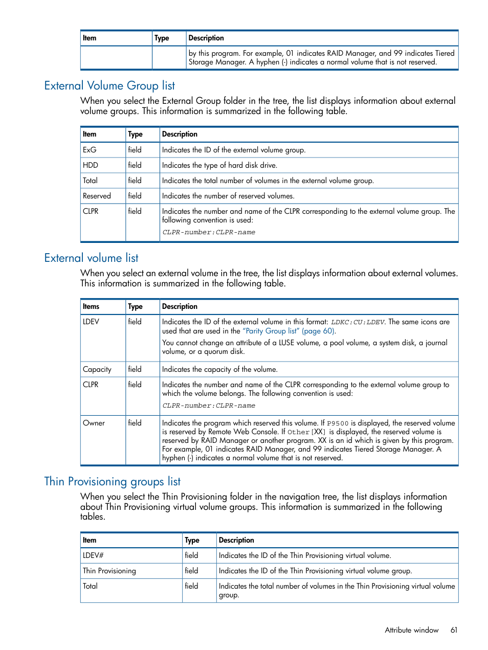 External volume group list, External volume list, Thin provisioning groups list | HP XP P9500 Storage User Manual | Page 61 / 69