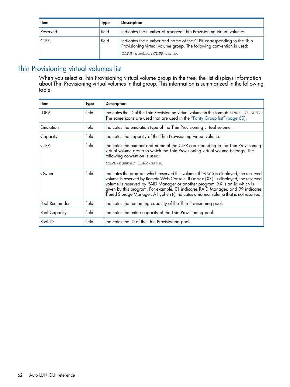 Thin provisioning virtual volumes list | HP XP P9500 Storage User Manual | Page 62 / 69