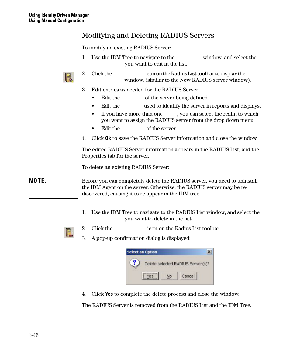 Modifying and deleting radius servers, Modifying and deleting radius servers -46 | HP Identity Driven Manager Software Series User Manual | Page 100 / 144