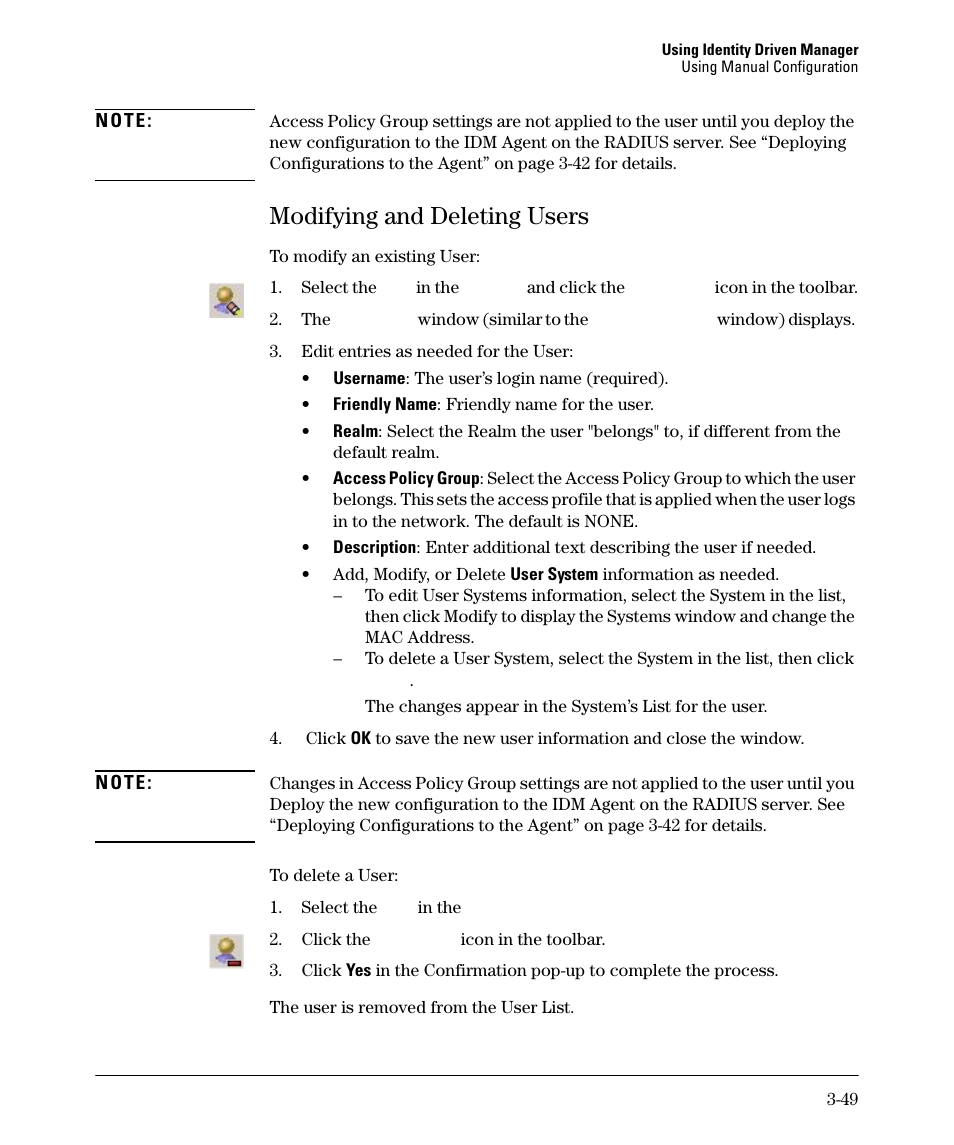 Modifying and deleting users, Modifying and deleting users -49 | HP Identity Driven Manager Software Series User Manual | Page 103 / 144