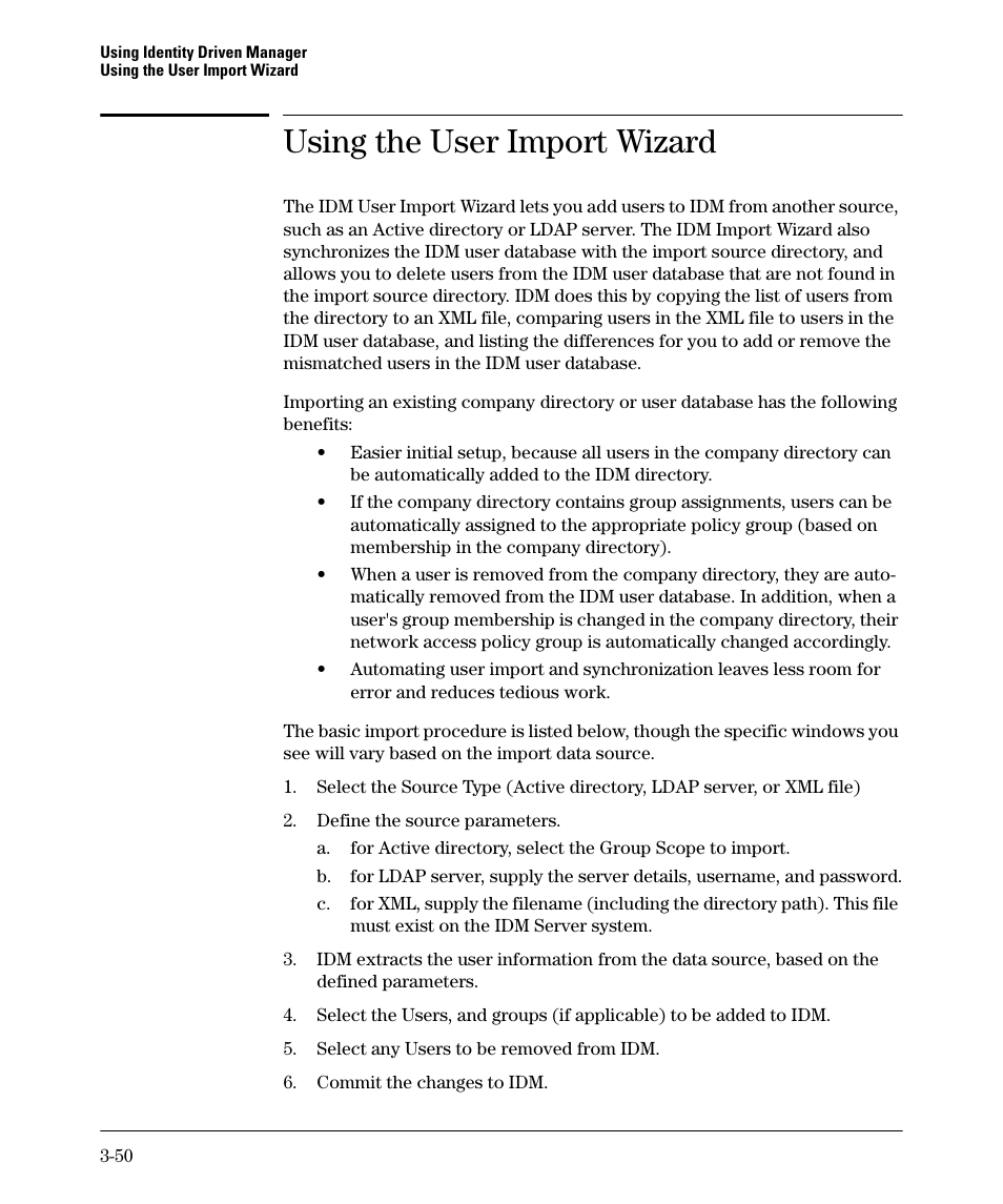 Using the user import wizard, Using the user import wizard -50 | HP Identity Driven Manager Software Series User Manual | Page 104 / 144