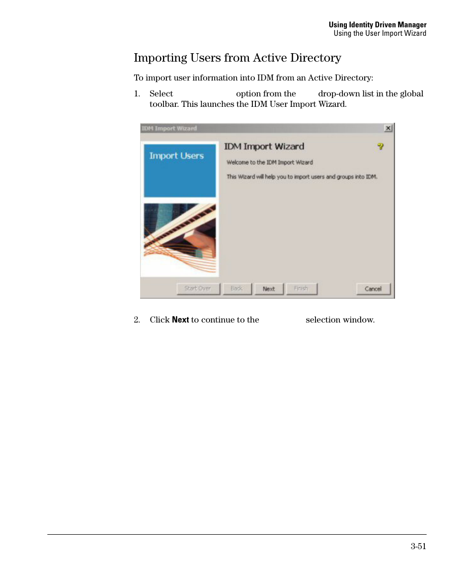 Importing users from active directory, Importing users from active directory -51 | HP Identity Driven Manager Software Series User Manual | Page 105 / 144