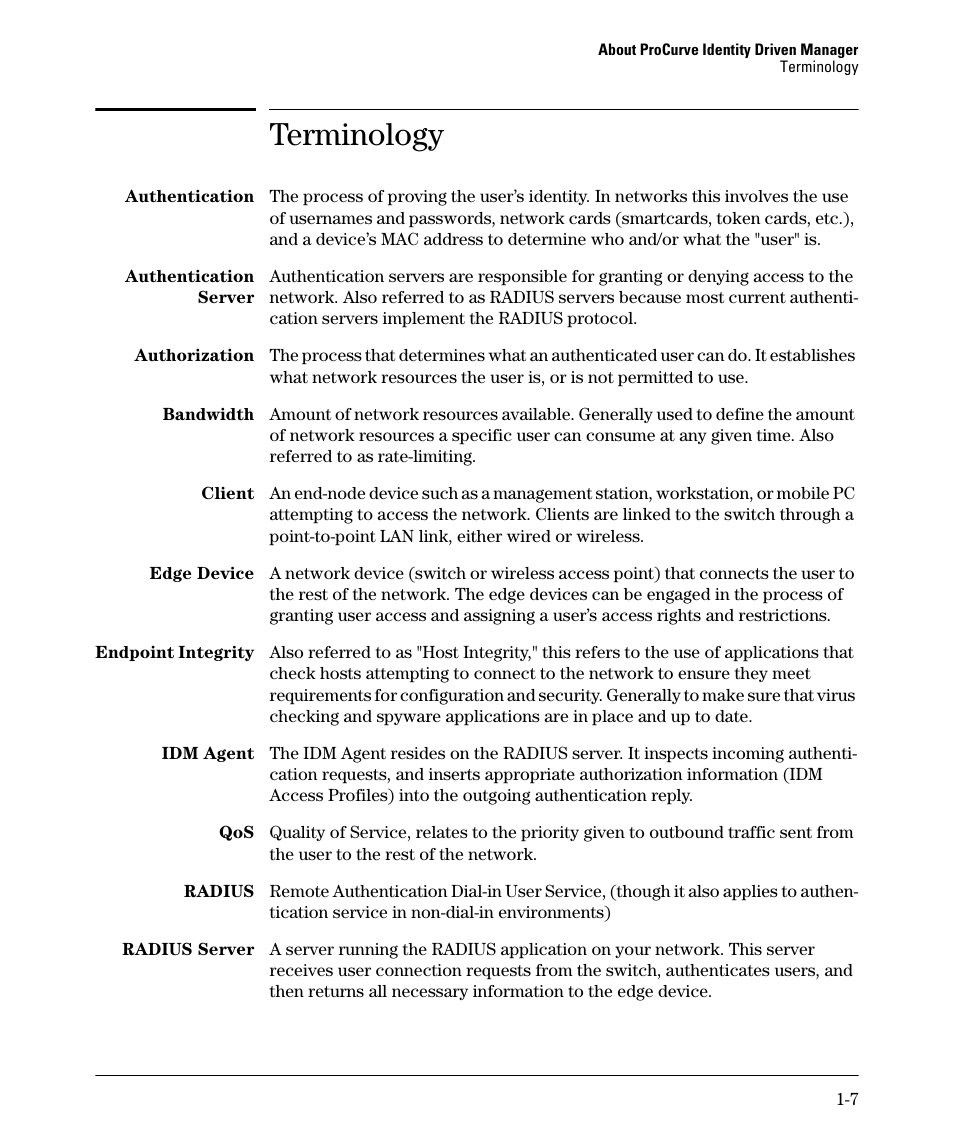 Terminology, Terminology -7 | HP Identity Driven Manager Software Series User Manual | Page 11 / 144