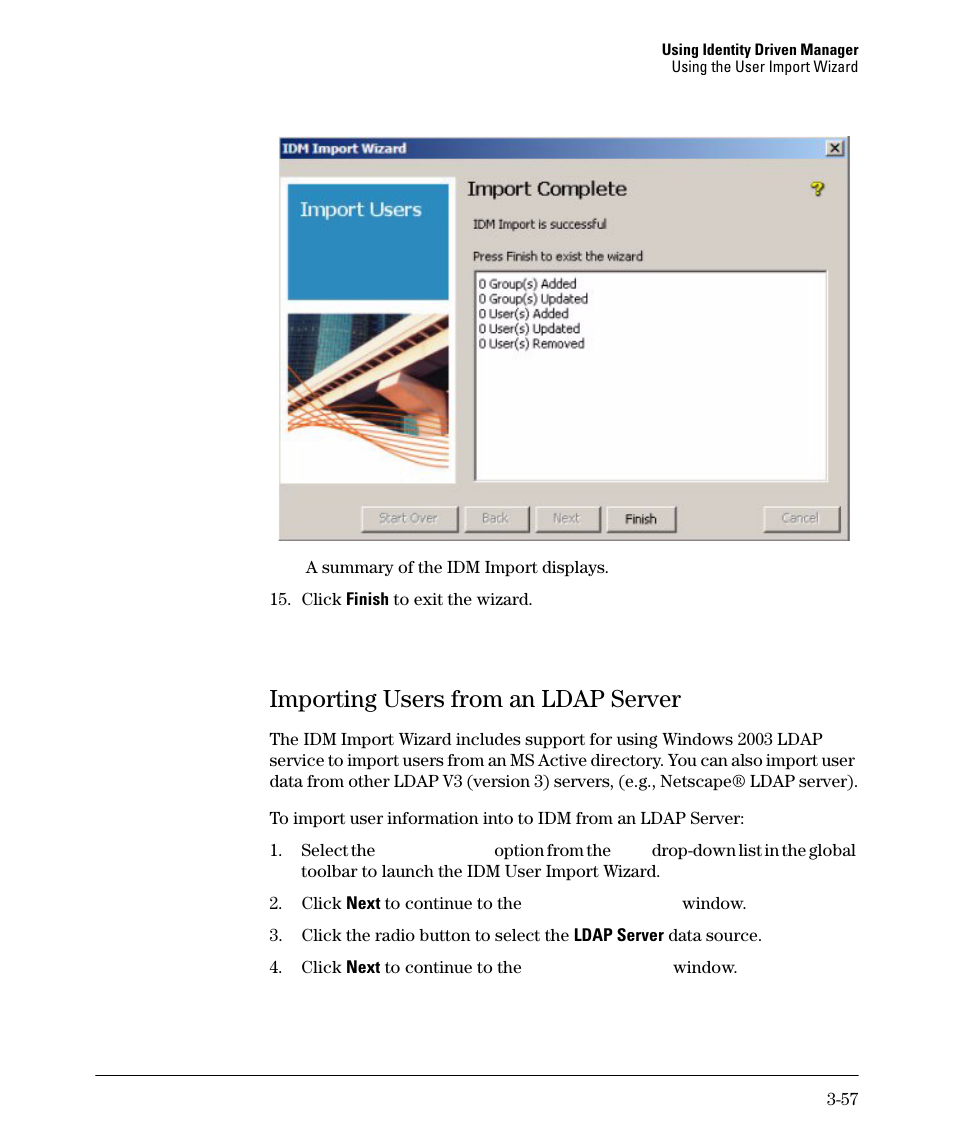 Importing users from an ldap server, Importing users from an ldap server -57 | HP Identity Driven Manager Software Series User Manual | Page 111 / 144