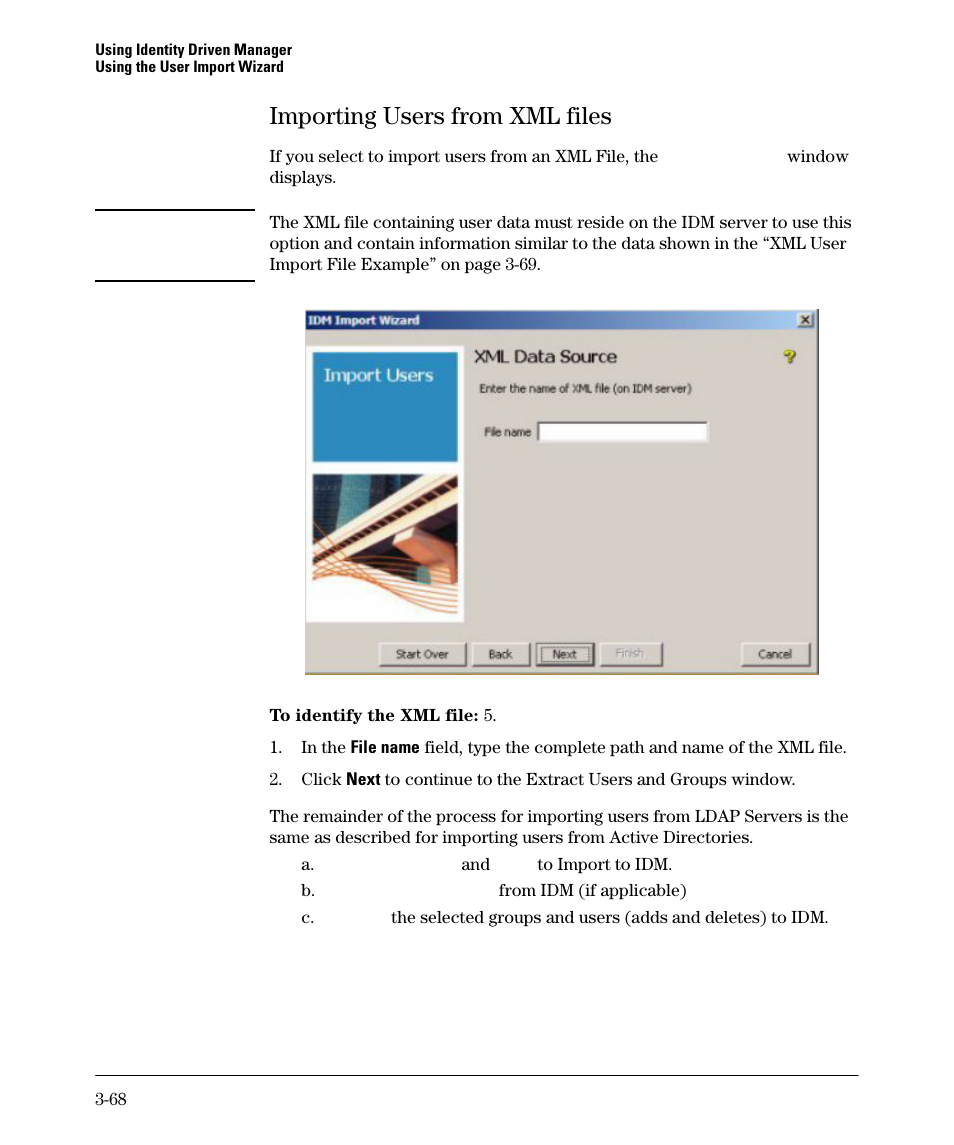 Importing users from xml files, Importing users from xml files -68 | HP Identity Driven Manager Software Series User Manual | Page 122 / 144