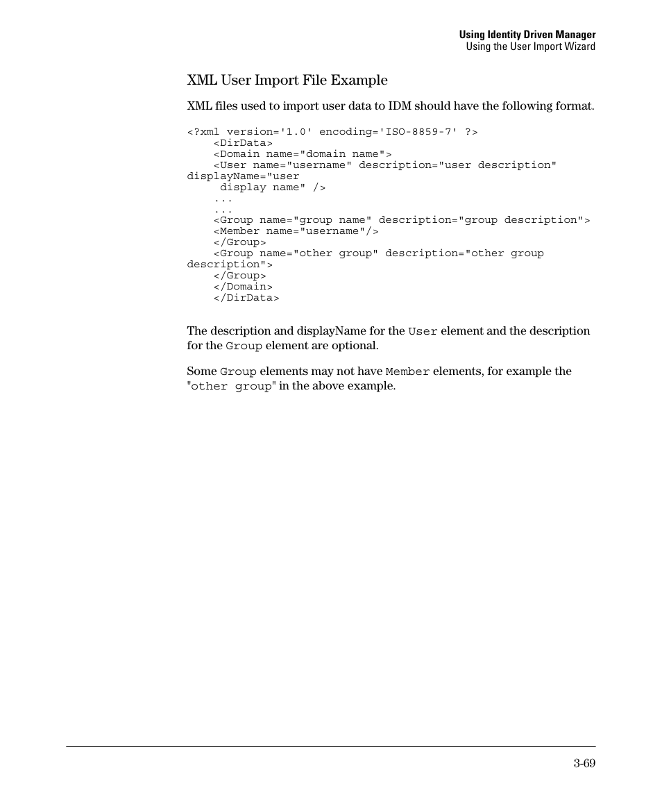 Xml user import file example | HP Identity Driven Manager Software Series User Manual | Page 123 / 144