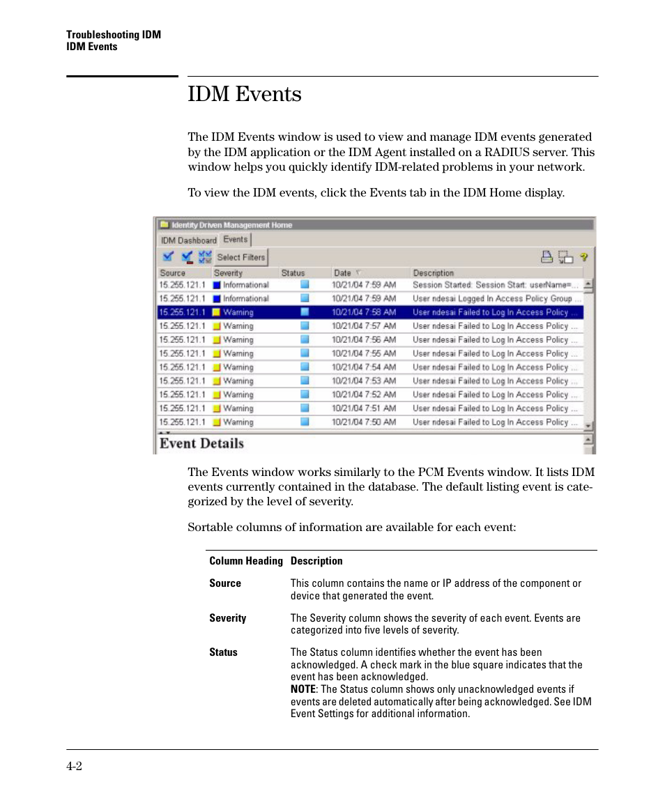 Idm events, Idm events -2 | HP Identity Driven Manager Software Series User Manual | Page 126 / 144