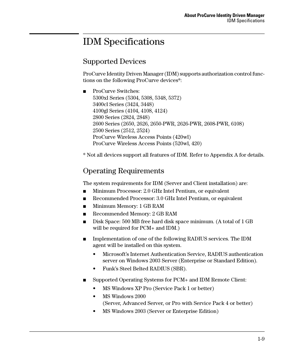 Idm specifications, Supported devices, Operating requirements | Supported devices -9 operating requirements -9, Idm specifications -9 | HP Identity Driven Manager Software Series User Manual | Page 13 / 144