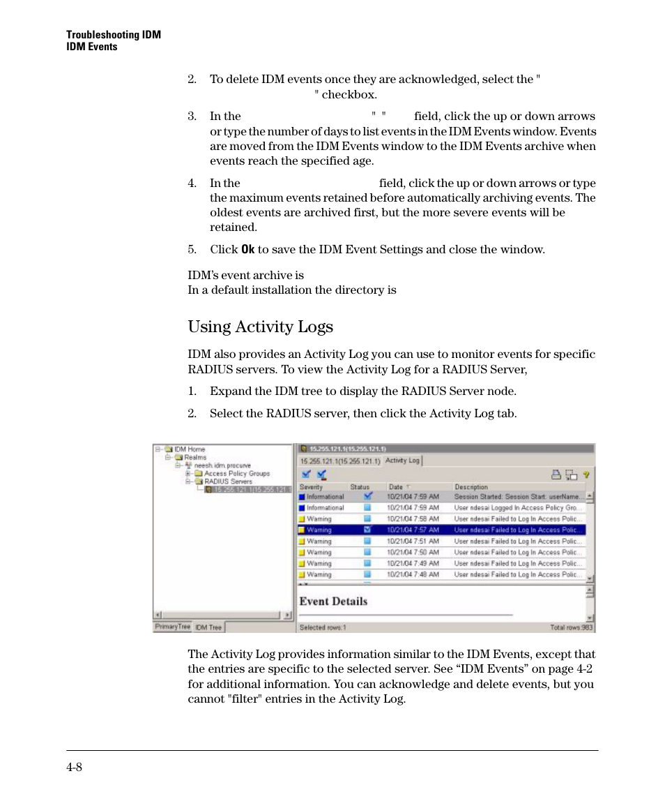 Using activity logs, Using activity logs -8 | HP Identity Driven Manager Software Series User Manual | Page 132 / 144