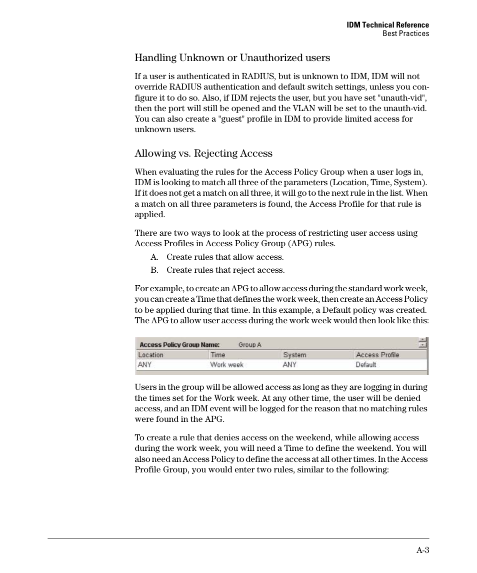 Handling unknown or unauthorized users, Allowing vs. rejecting access | HP Identity Driven Manager Software Series User Manual | Page 137 / 144