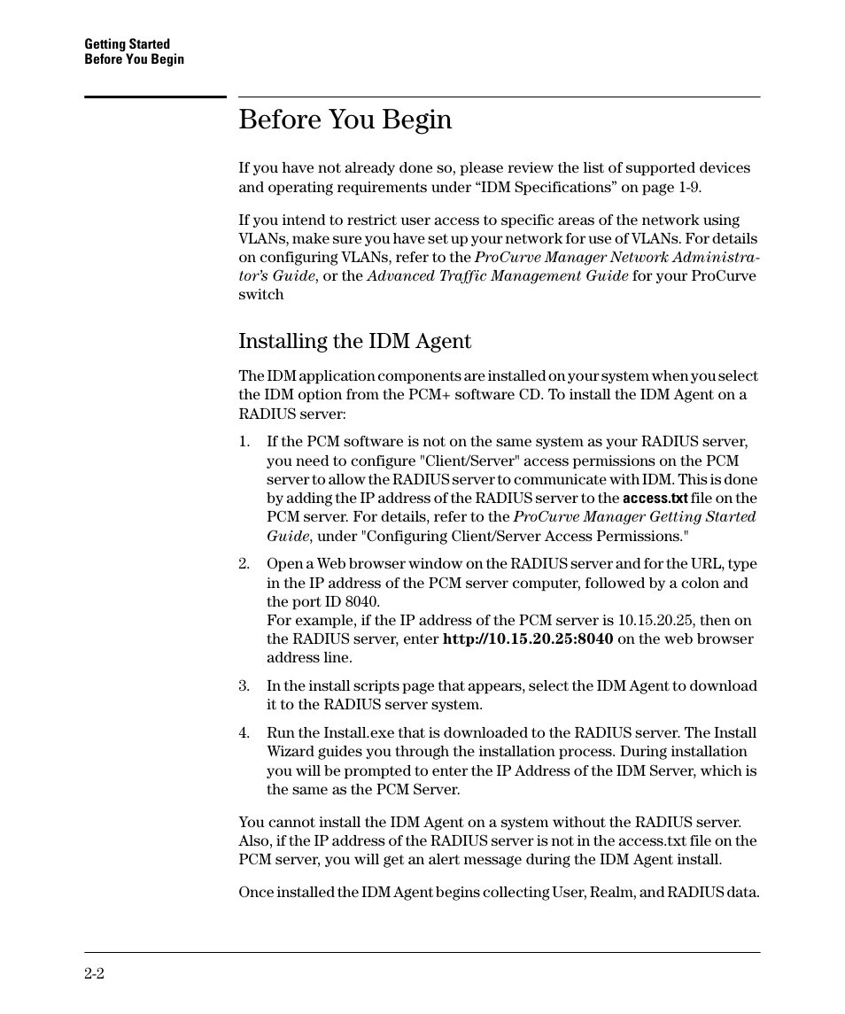 Before you begin, Installing the idm agent, Installing the idm agent -2 | Before you begin -2 | HP Identity Driven Manager Software Series User Manual | Page 22 / 144