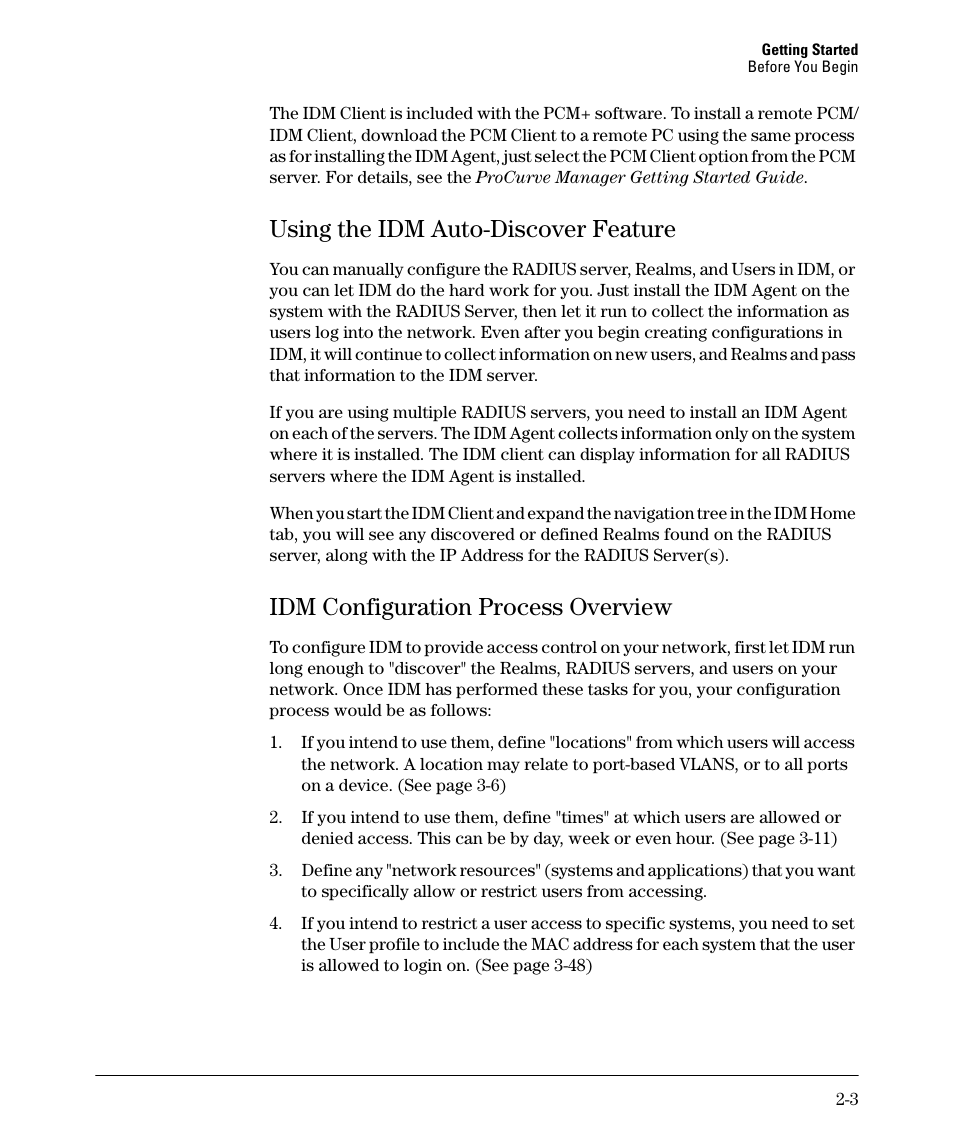 Using the idm auto-discover feature, Idm configuration process overview, Using the idm auto-discover feature -3 | Idm configuration process overview -3 | HP Identity Driven Manager Software Series User Manual | Page 23 / 144