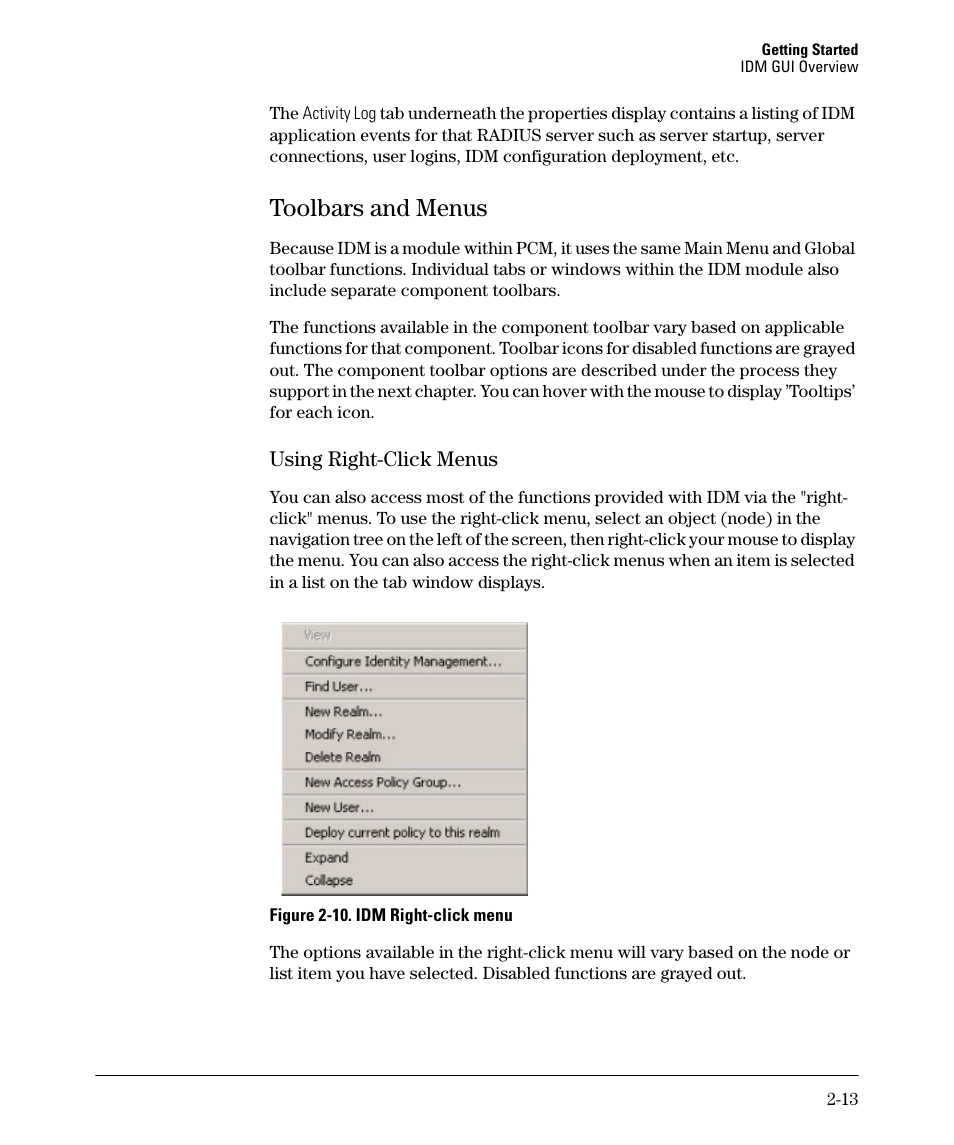 Toolbars and menus, Toolbars and menus -13, Using right-click menus | HP Identity Driven Manager Software Series User Manual | Page 33 / 144