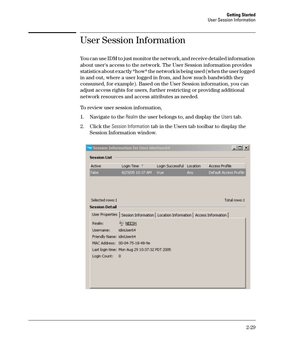 User session information, User session information -29 | HP Identity Driven Manager Software Series User Manual | Page 49 / 144