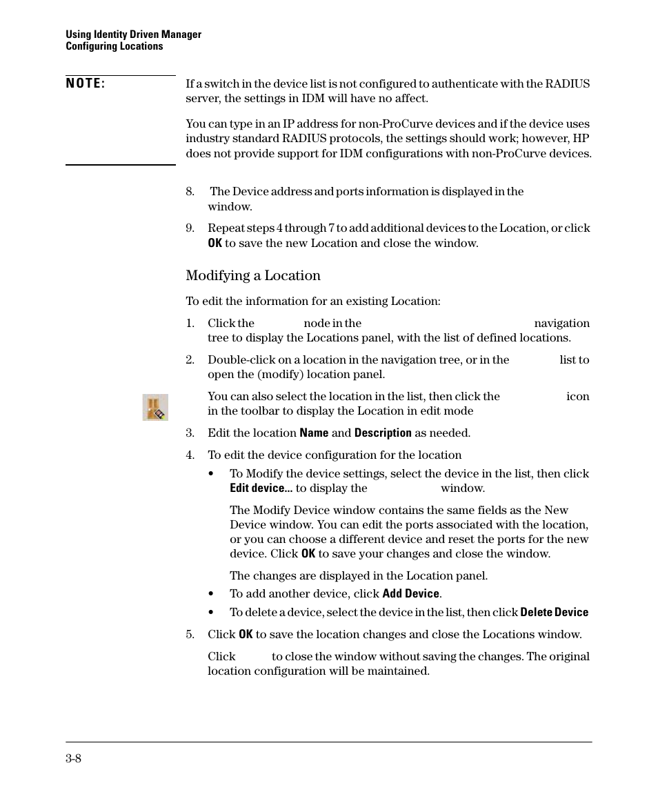 Modifying a location | HP Identity Driven Manager Software Series User Manual | Page 62 / 144