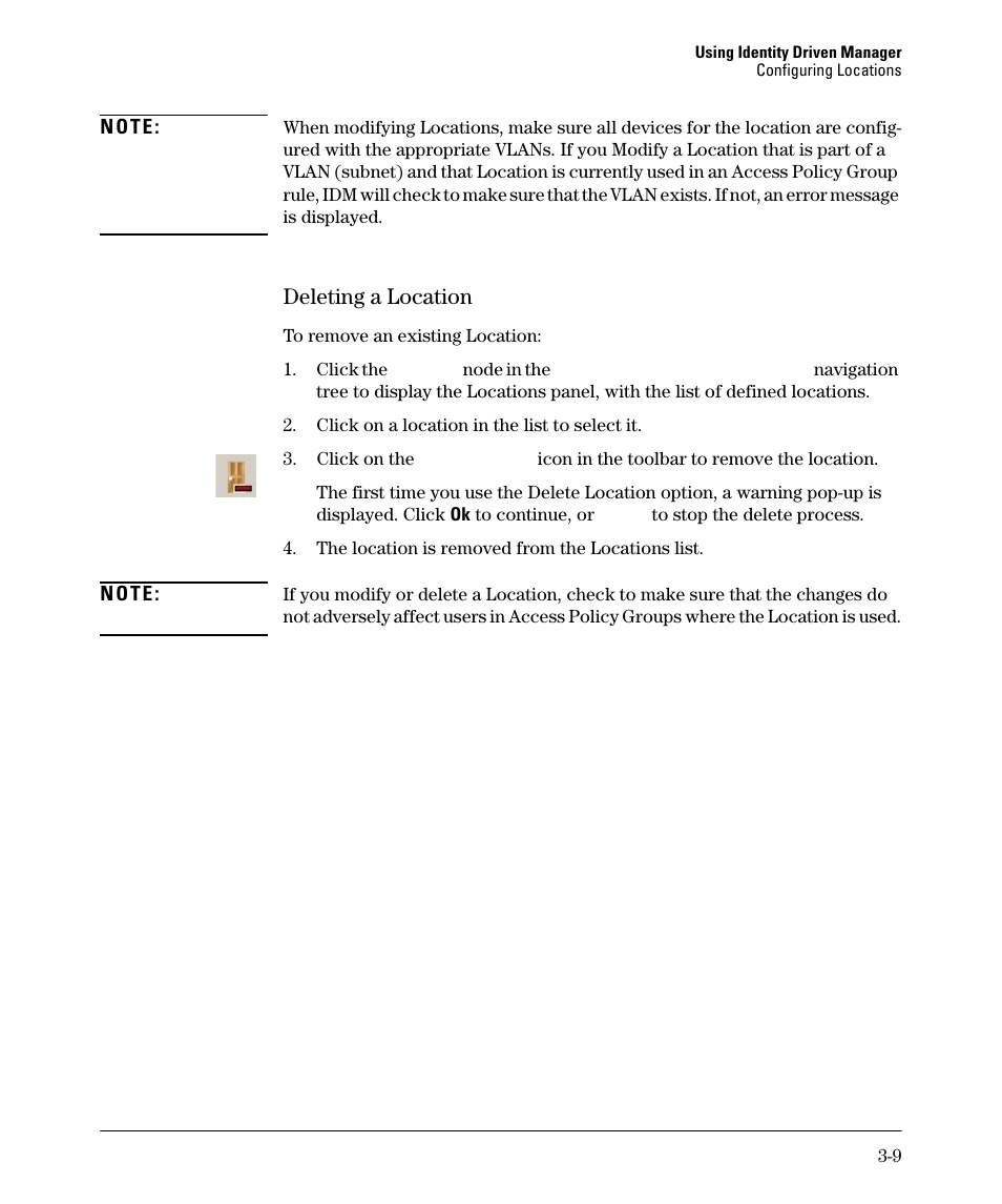 Deleting a location | HP Identity Driven Manager Software Series User Manual | Page 63 / 144