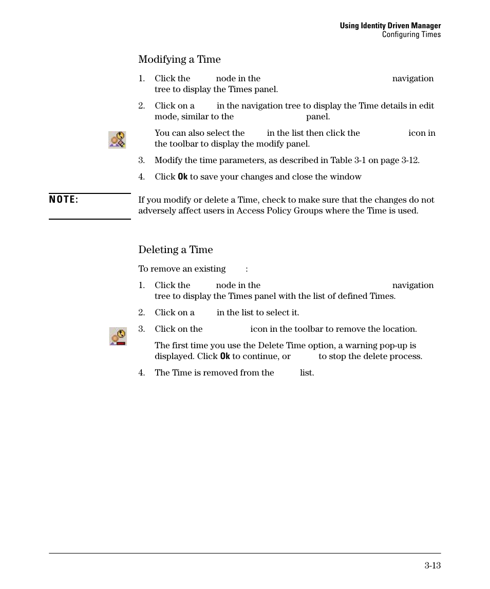 Modifying a time, Deleting a time | HP Identity Driven Manager Software Series User Manual | Page 67 / 144