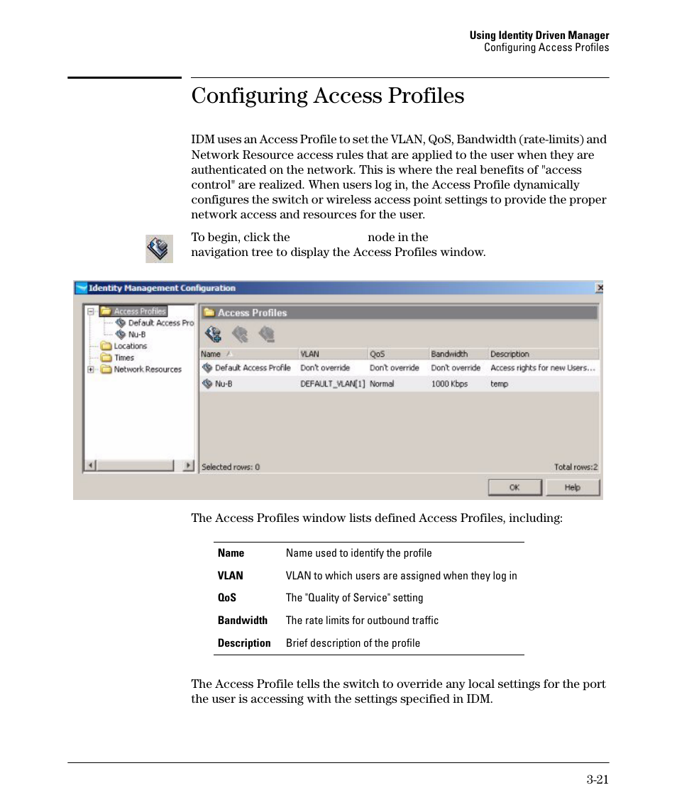 Configuring access profiles, Configuring access profiles -21 | HP Identity Driven Manager Software Series User Manual | Page 75 / 144