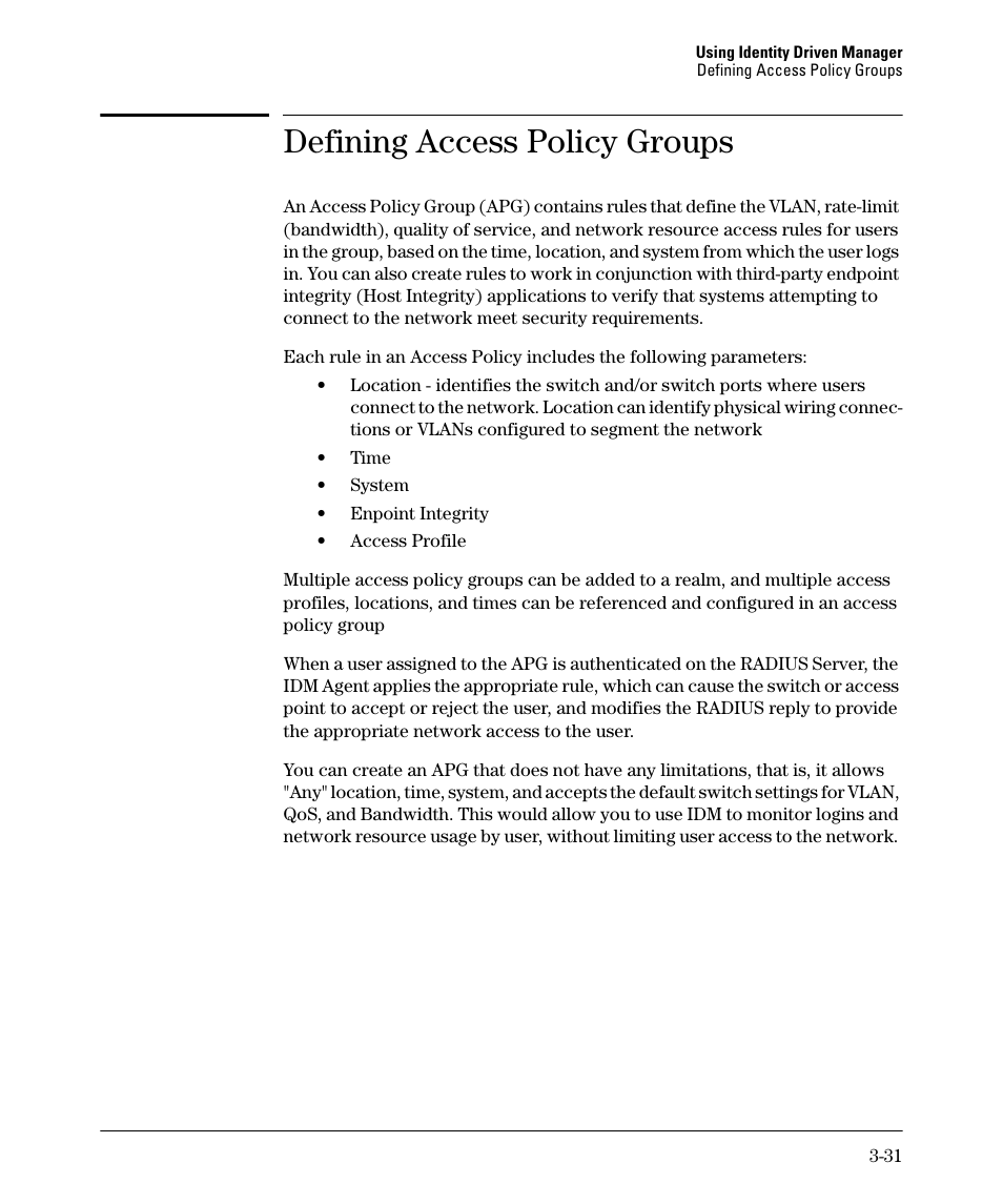 Defining access policy groups, Defining access policy groups -31 | HP Identity Driven Manager Software Series User Manual | Page 85 / 144