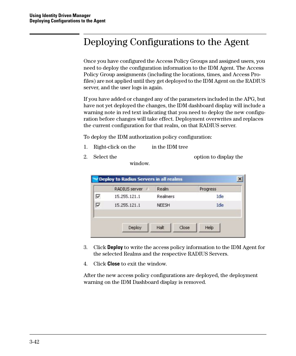 Deploying configurations to the agent, Deploying configurations to the agent -42 | HP Identity Driven Manager Software Series User Manual | Page 96 / 144