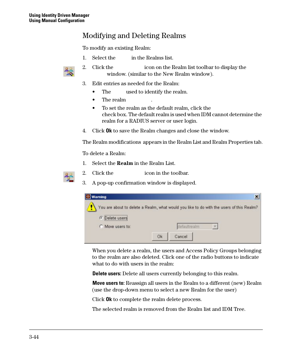 Modifying and deleting realms, Modifying and deleting realms -44 | HP Identity Driven Manager Software Series User Manual | Page 98 / 144