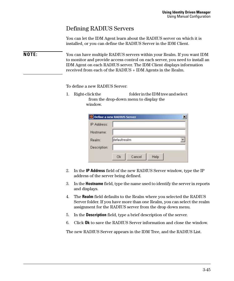 Defining radius servers, Defining radius servers -45 | HP Identity Driven Manager Software Series User Manual | Page 99 / 144