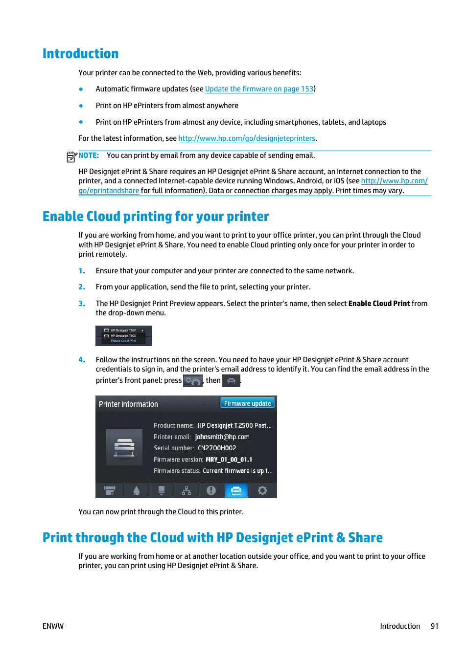 Introduction, Enable cloud printing for your printer | HP Designjet T2500 eMultifunction Printer series User Manual | Page 101 / 263