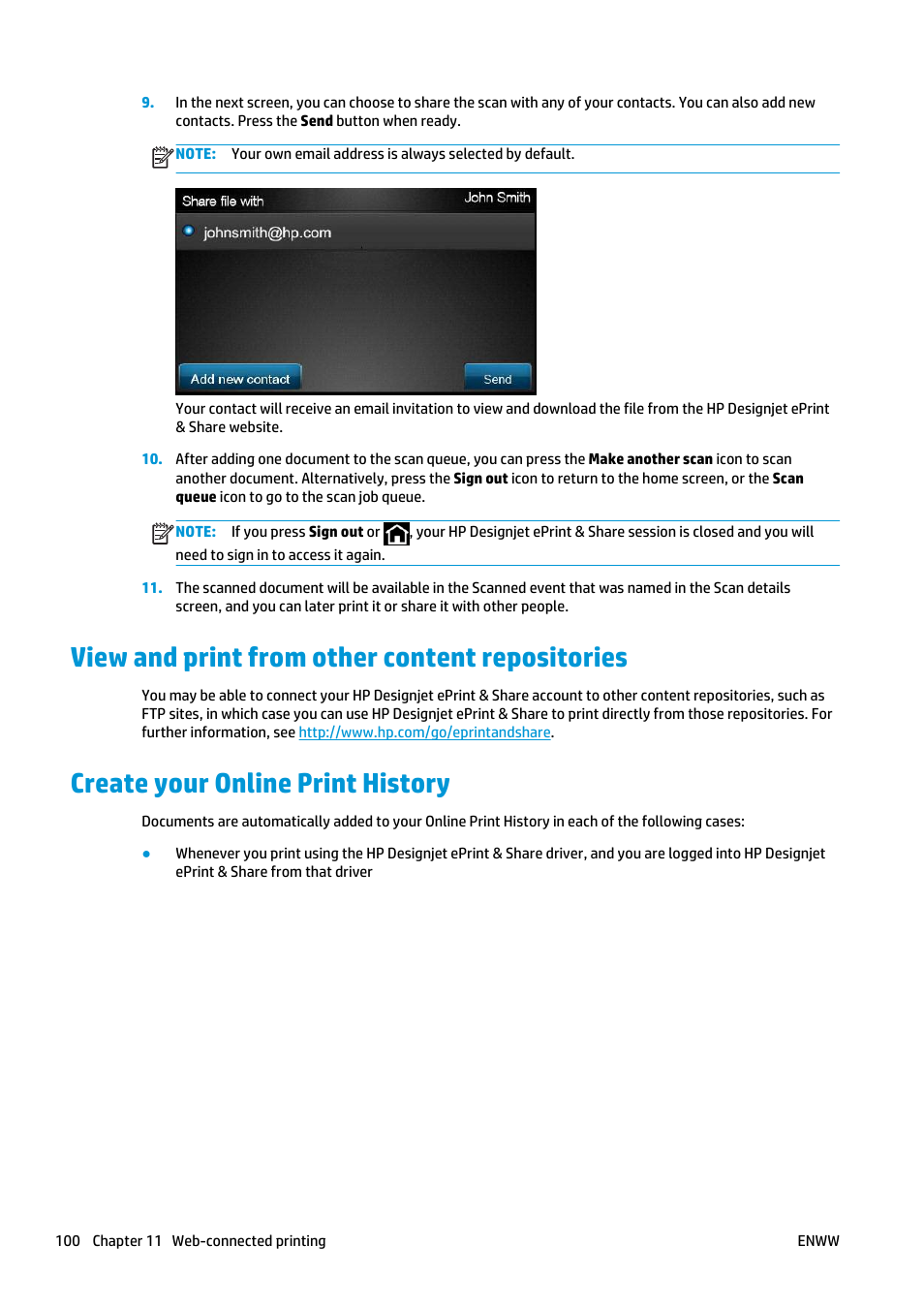 View and print from other content repositories, Create your online print history | HP Designjet T2500 eMultifunction Printer series User Manual | Page 110 / 263