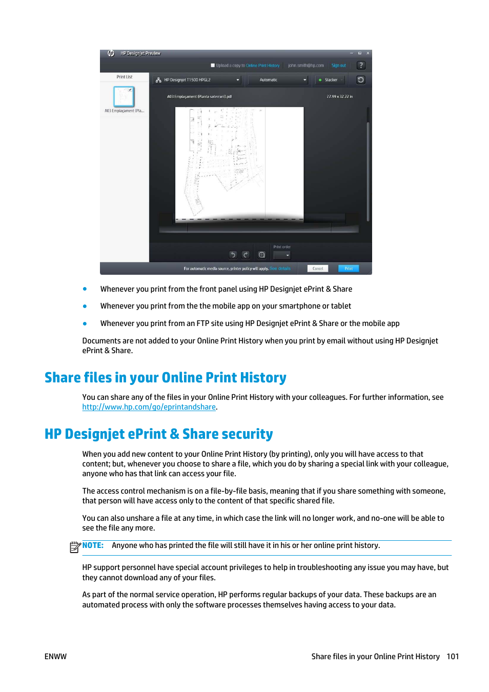 Share files in your online print history, Hp designjet eprint & share security | HP Designjet T2500 eMultifunction Printer series User Manual | Page 111 / 263