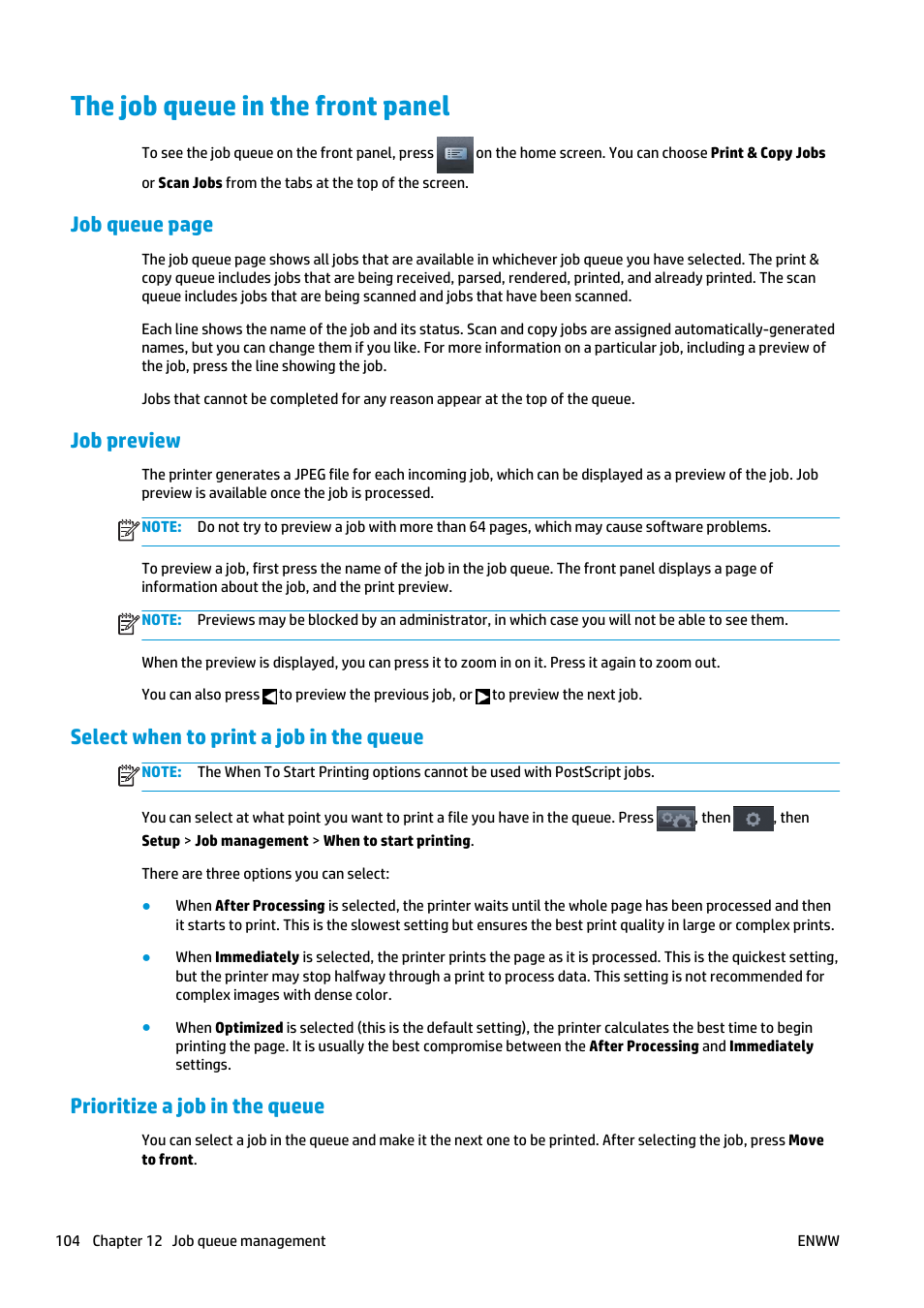 The job queue in the front panel, Job preview, Select when to print a job in the queue | Prioritize a job in the queue, Job queue page | HP Designjet T2500 eMultifunction Printer series User Manual | Page 114 / 263