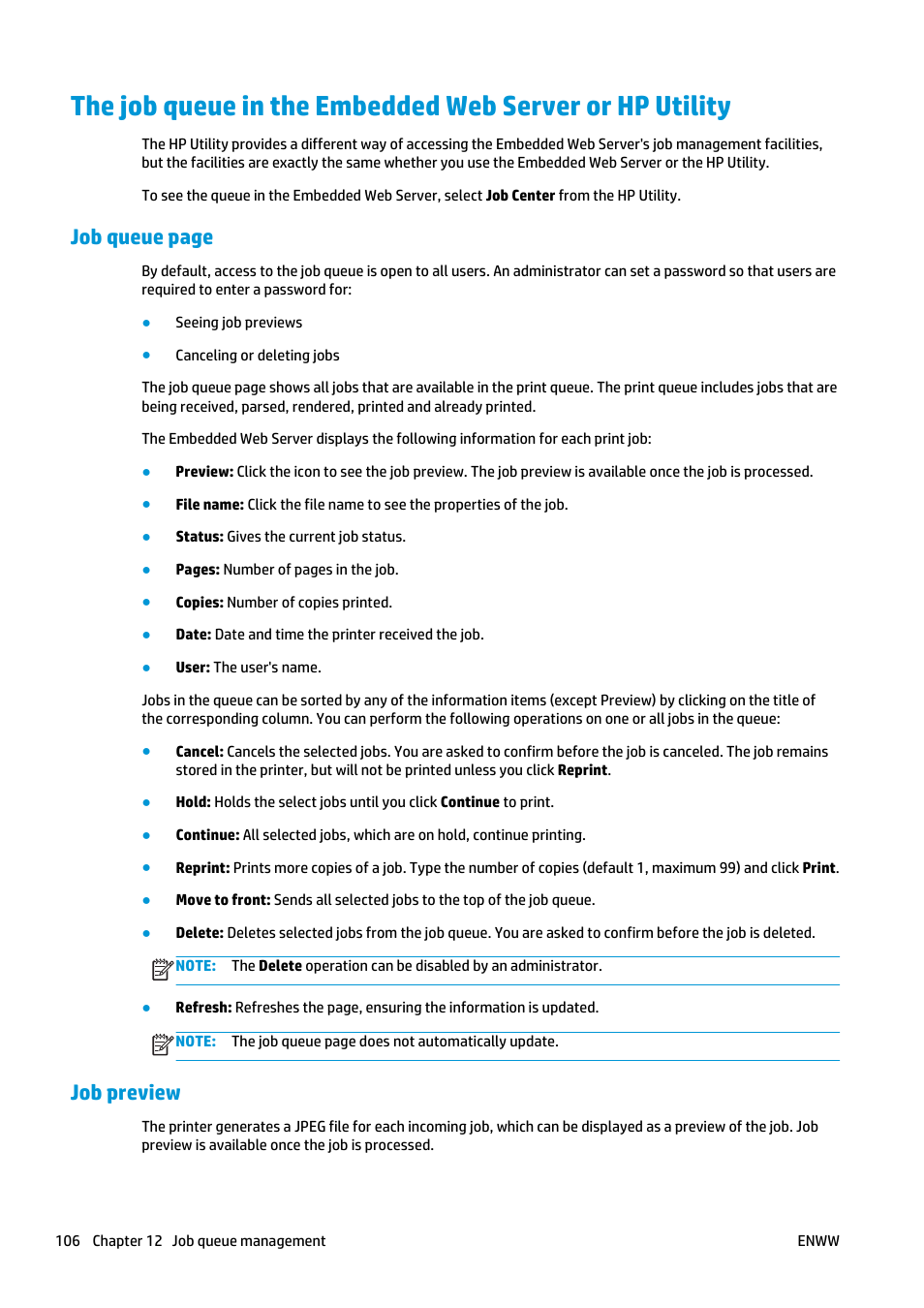 Job preview, Job queue page | HP Designjet T2500 eMultifunction Printer series User Manual | Page 116 / 263