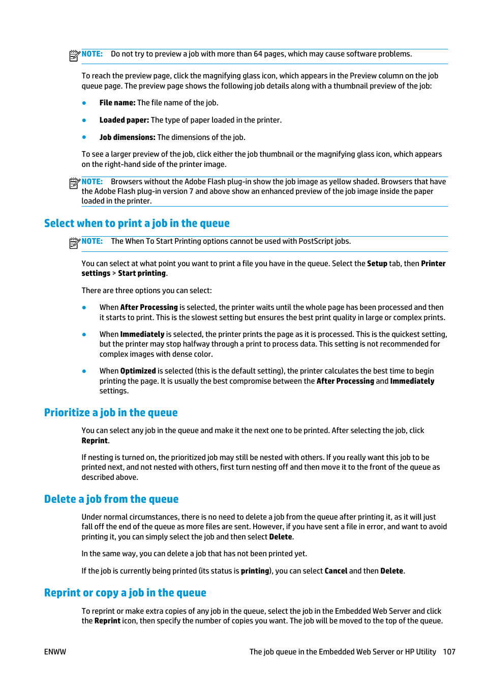Select when to print a job in the queue, Prioritize a job in the queue, Delete a job from the queue | Reprint or copy a job in the queue | HP Designjet T2500 eMultifunction Printer series User Manual | Page 117 / 263