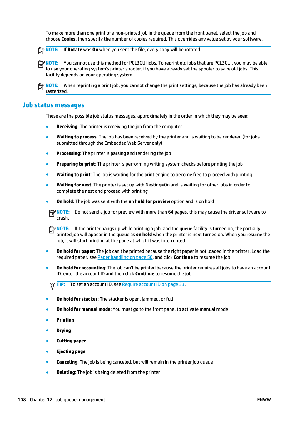 Job status messages | HP Designjet T2500 eMultifunction Printer series User Manual | Page 118 / 263