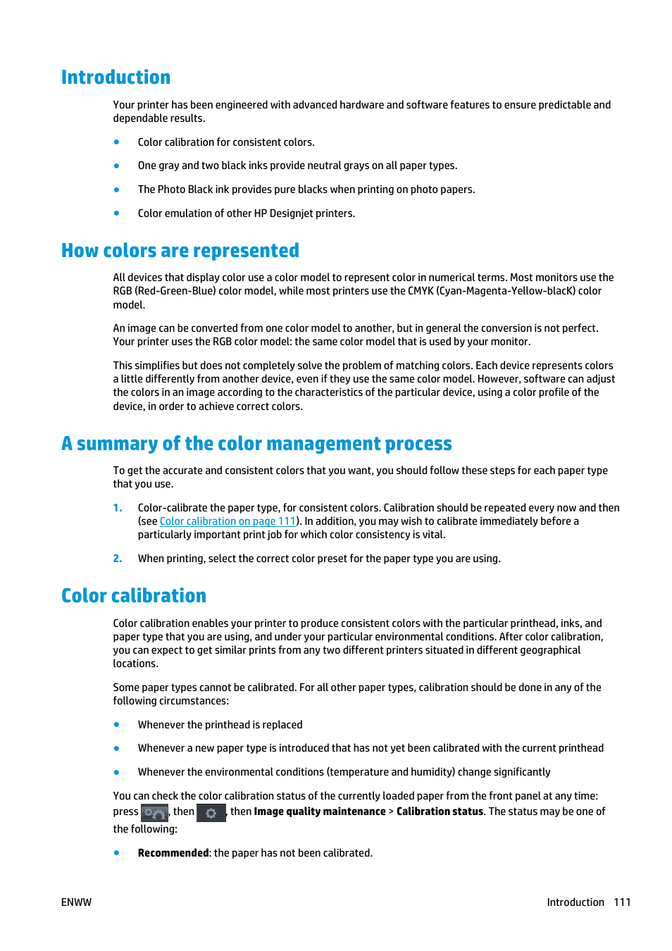 Introduction, How colors are represented, A summary of the color management process | Color calibration | HP Designjet T2500 eMultifunction Printer series User Manual | Page 121 / 263