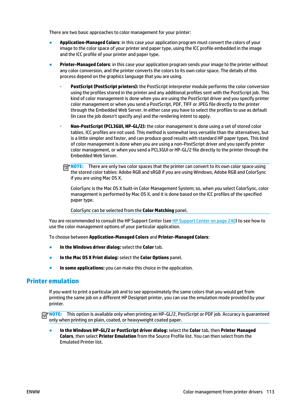 Printer emulation | HP Designjet T2500 eMultifunction Printer series User Manual | Page 123 / 263