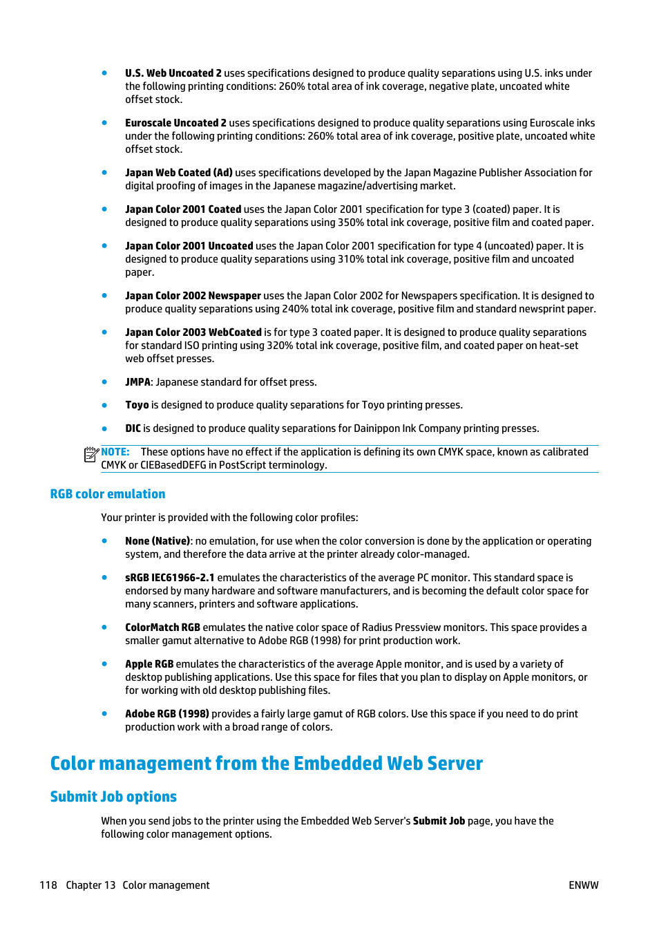 Rgb color emulation, Color management from the embedded web server, Submit job options | HP Designjet T2500 eMultifunction Printer series User Manual | Page 128 / 263