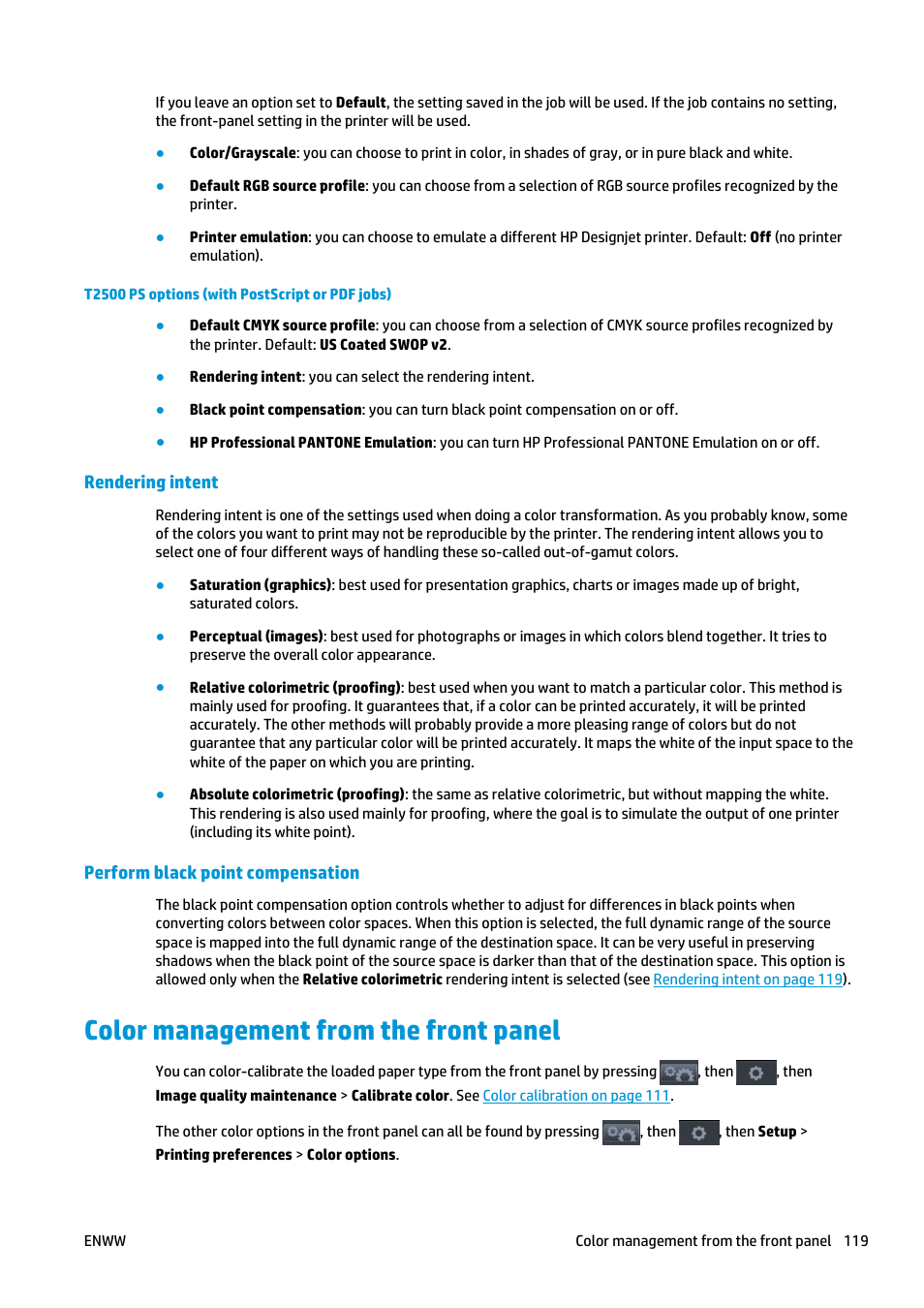 Rendering intent, Perform black point compensation, Color management from the front panel | HP Designjet T2500 eMultifunction Printer series User Manual | Page 129 / 263
