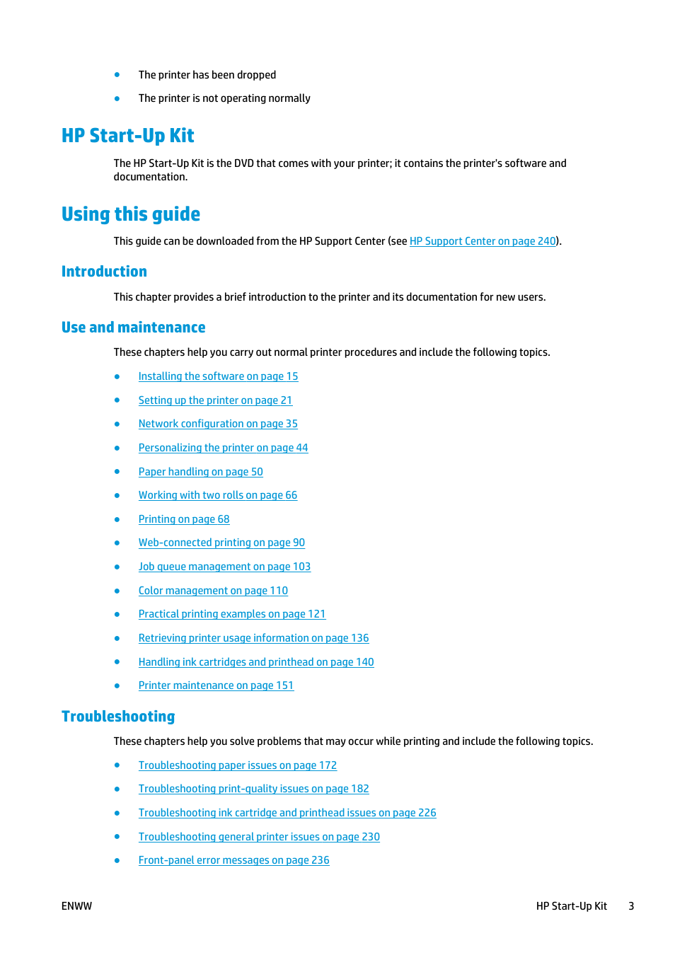 Hp start-up kit, Using this guide, Introduction | Use and maintenance, Troubleshooting, Hp start-up kit using this guide | HP Designjet T2500 eMultifunction Printer series User Manual | Page 13 / 263