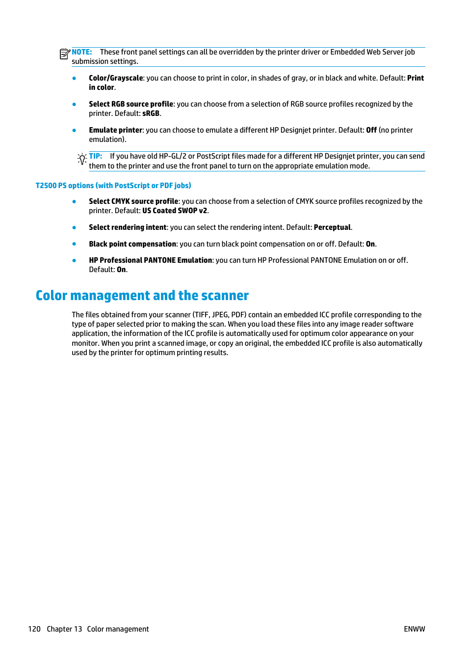 Color management and the scanner | HP Designjet T2500 eMultifunction Printer series User Manual | Page 130 / 263