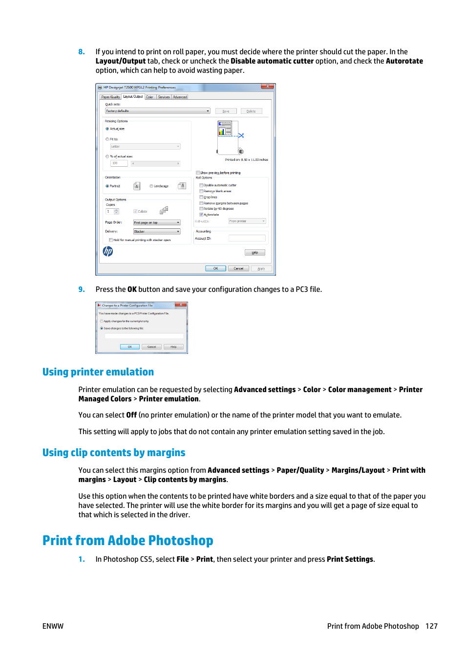 Using printer emulation, Using clip contents by margins, Print from adobe photoshop | HP Designjet T2500 eMultifunction Printer series User Manual | Page 137 / 263