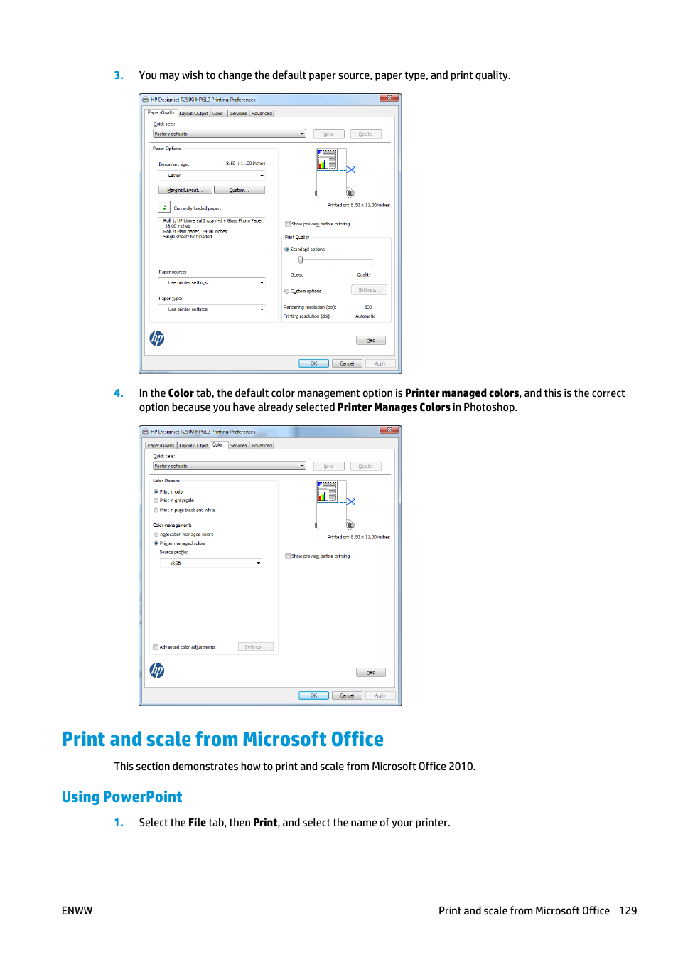 Print and scale from microsoft office, Using powerpoint | HP Designjet T2500 eMultifunction Printer series User Manual | Page 139 / 263