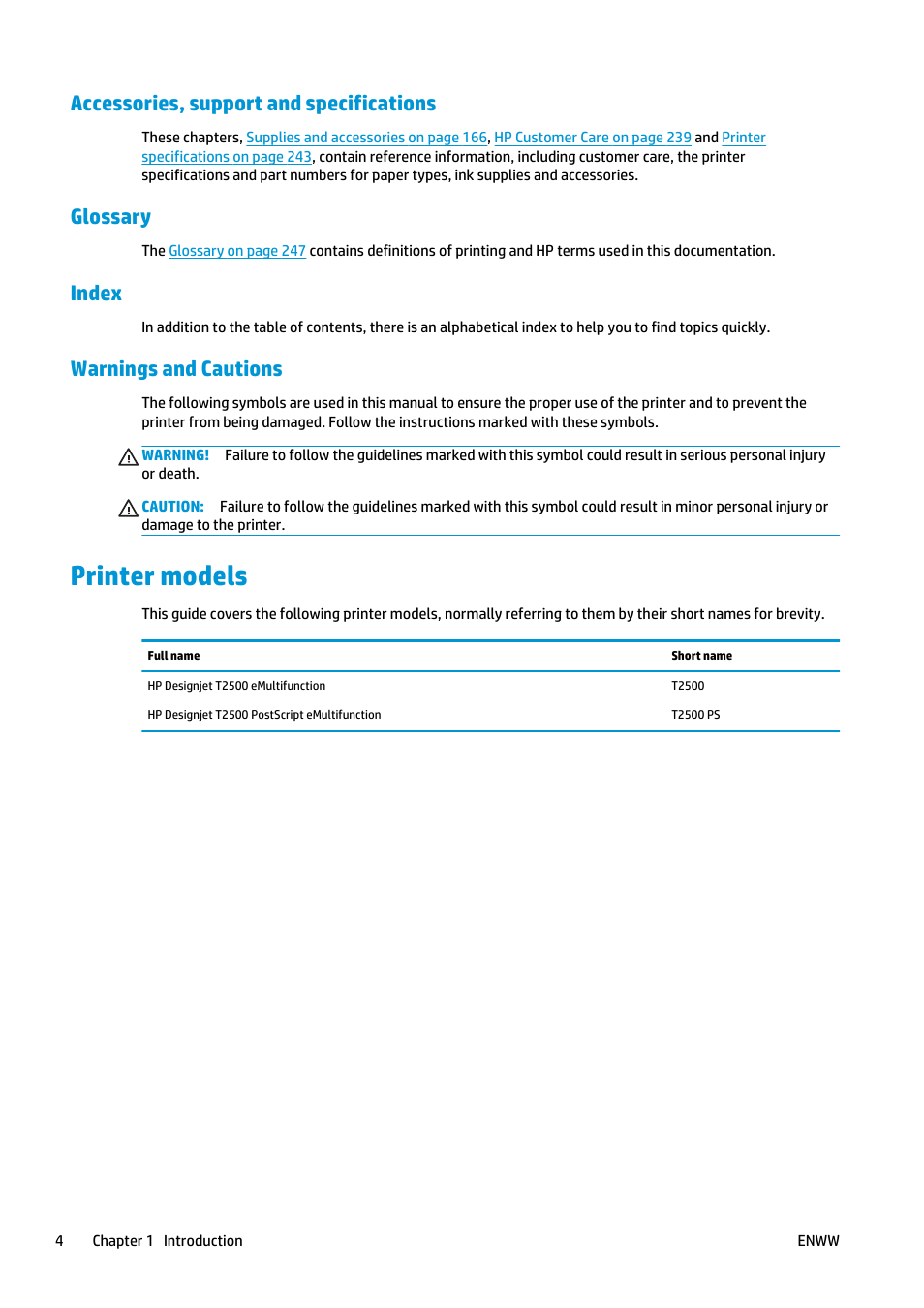 Accessories, support and specifications, Glossary, Index | Warnings and cautions, Printer models | HP Designjet T2500 eMultifunction Printer series User Manual | Page 14 / 263
