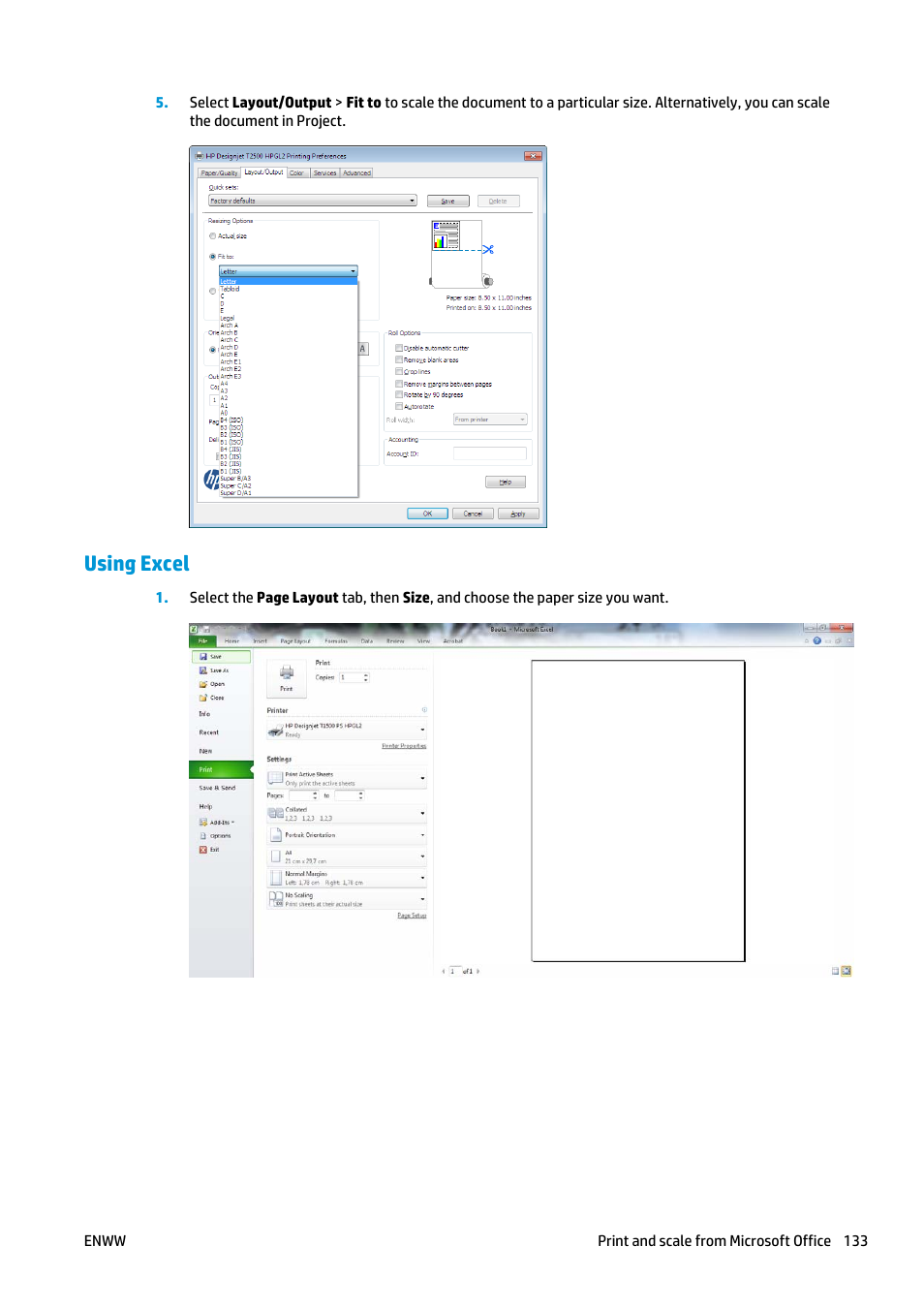 Using excel | HP Designjet T2500 eMultifunction Printer series User Manual | Page 143 / 263