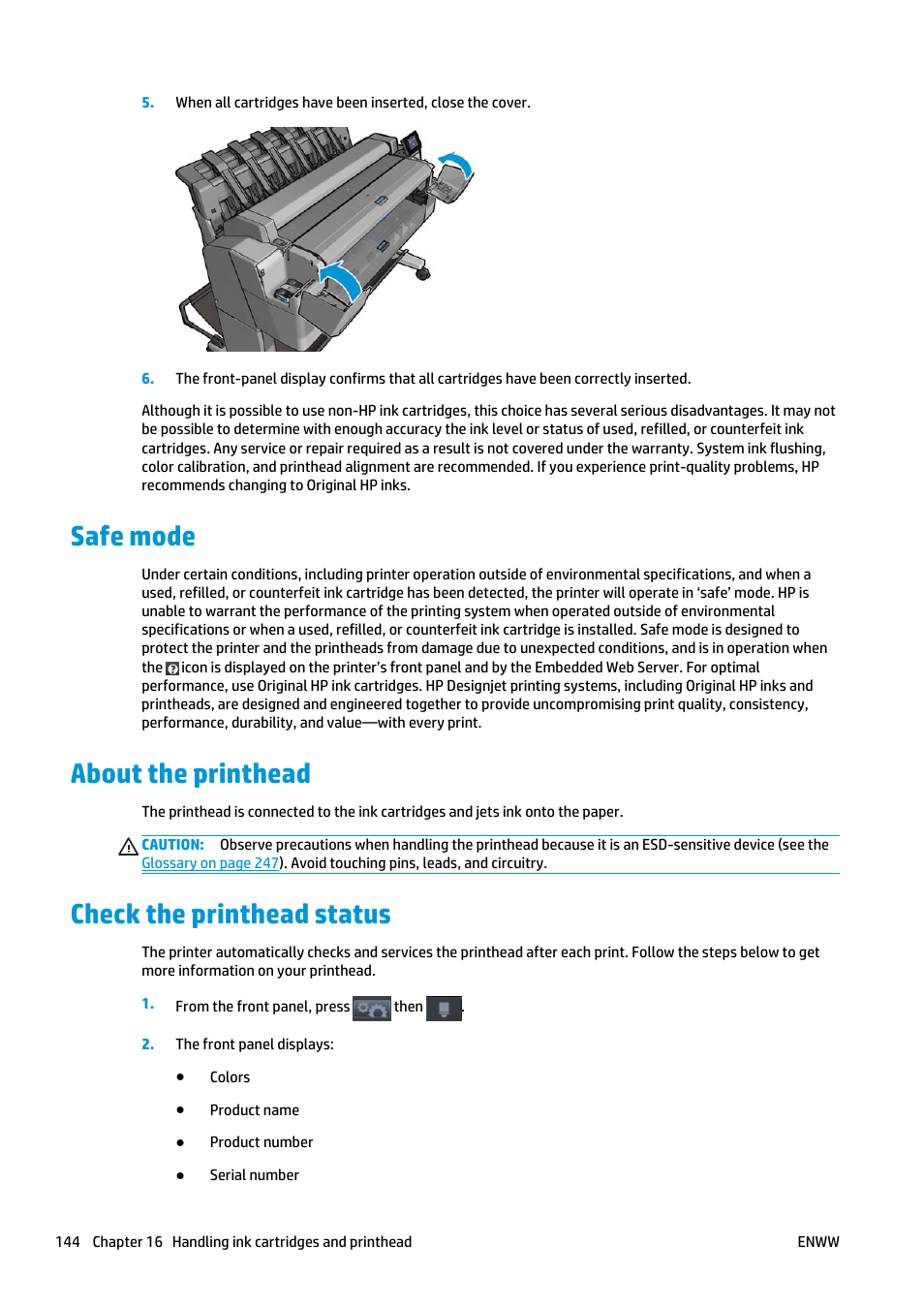 Safe mode, About the printhead, Check the printhead status | HP Designjet T2500 eMultifunction Printer series User Manual | Page 154 / 263